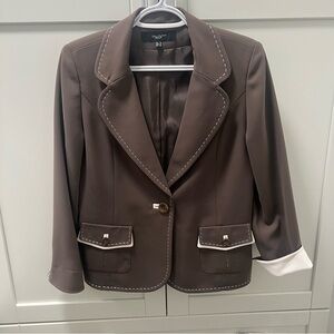 UN JOUR AILLEURS Brown Blazer with Shoulder Pads & White Trim Women's Size 8